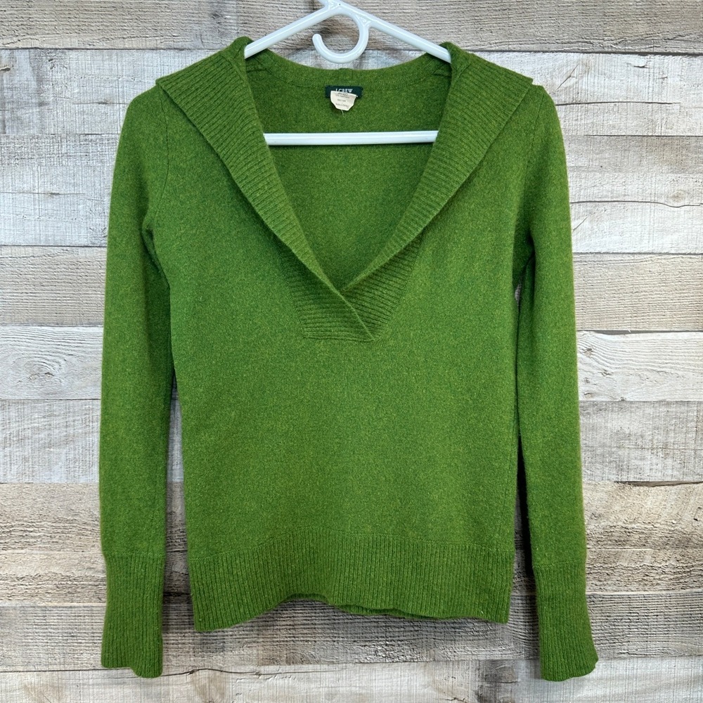 J.Crew Womens Apple Green Wool Cashmere Blend V-Neck Hooded Sweater Y2K XS